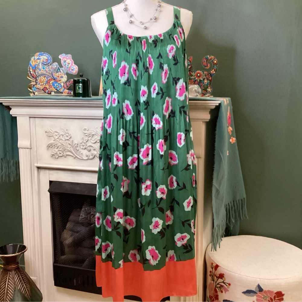 Anthropologie Green Dress with Pink Floral Detail